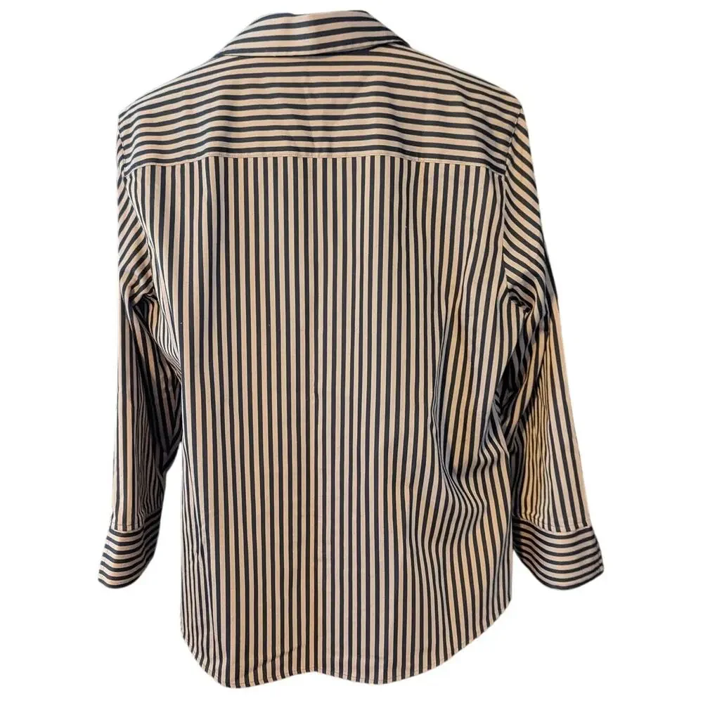 FOXCROFT 16 Tan Black Striped Button Up Wrinkle Free Women's Career Top - Picture 2 of 5